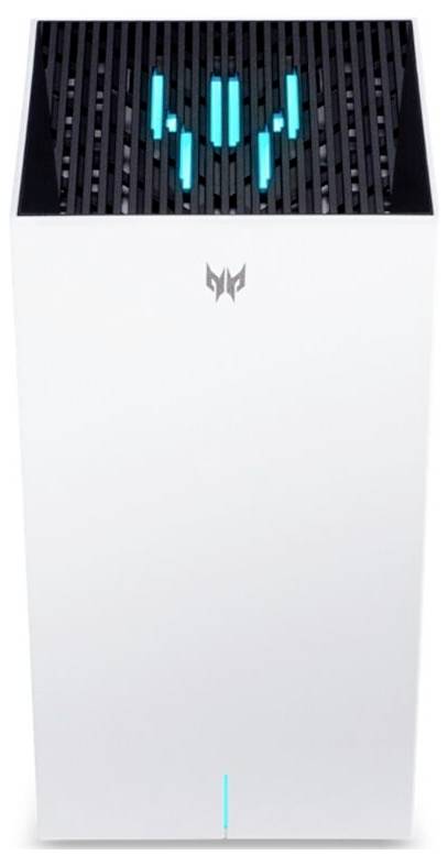 Ein weißer, rechteckiger Air Purifier mit vertikalen Lüftungsschlitzen oben und einem leuchtenden blauen LED-Streifen vorne.