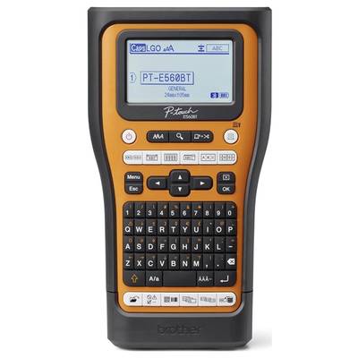 Handheld Etiketten-Druckgerät mit orangenem, ergonomischem Gehäuse. Großes Display zeigt 'PT-E560BT'. Tastatur unten mit Navigationstasten.