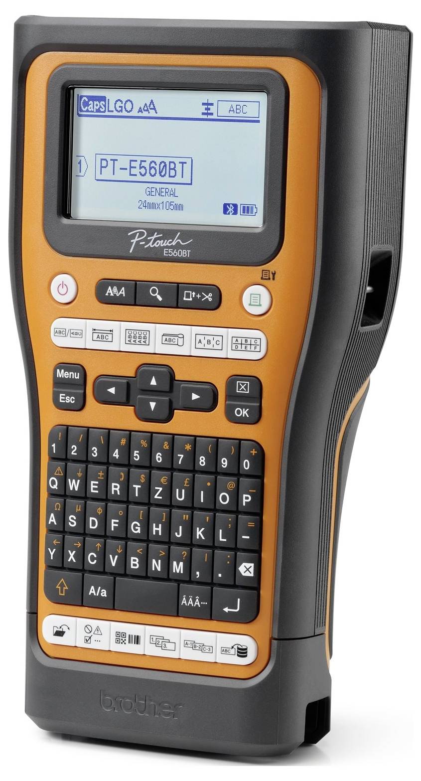 Ein tragbares Etikettiergerät mit Bildschirm und Tastatur im Vordergrund. Das Modell ist orange und schwarz, mit mehreren Funktionstasten.