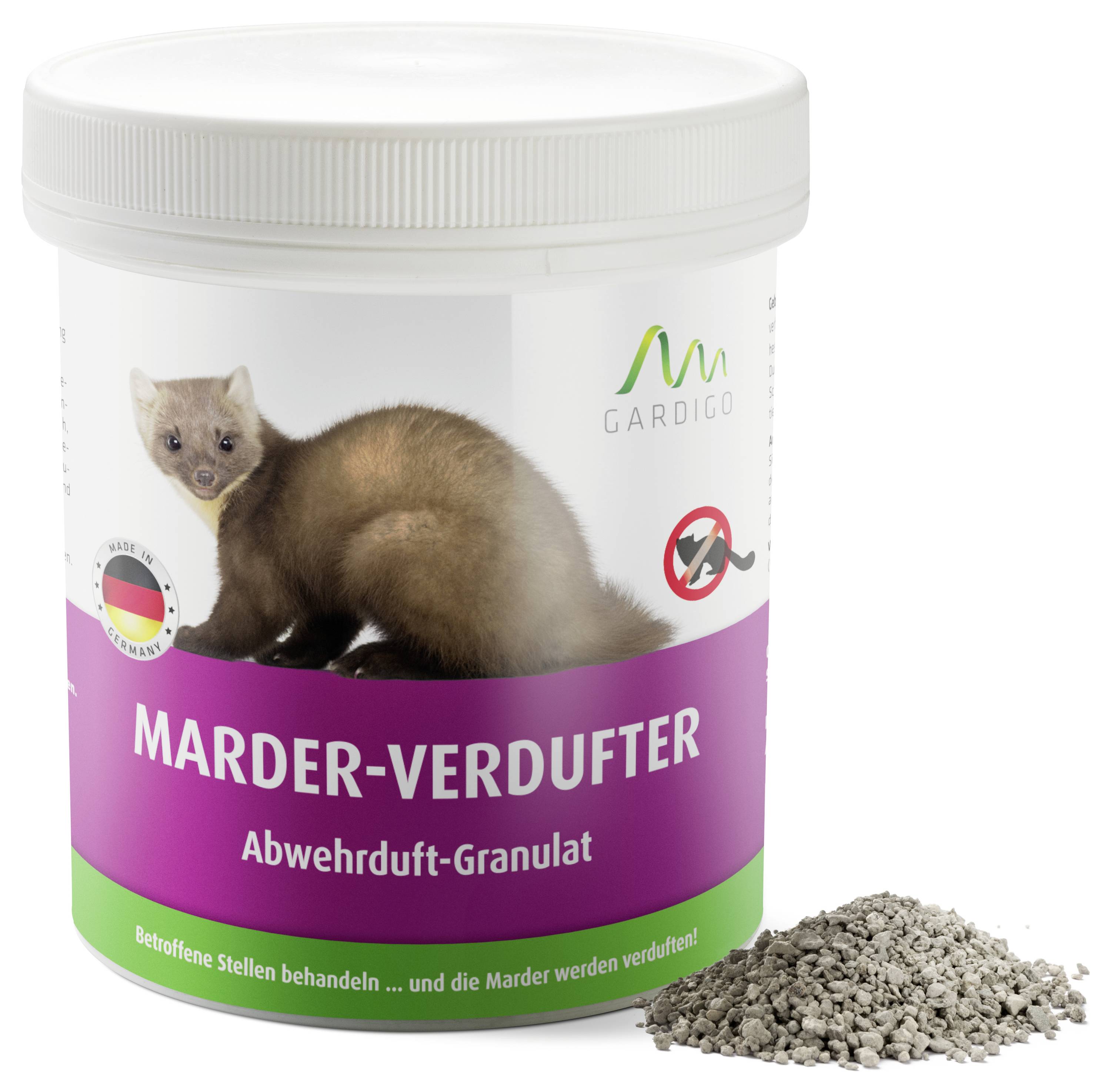 Ein weißer Behälter mit einem Bild eines Marders und dem Text 'Marder-Verdufter Abwehrduft-Granulat'. Neben dem Behälter liegt etwas Granulat.