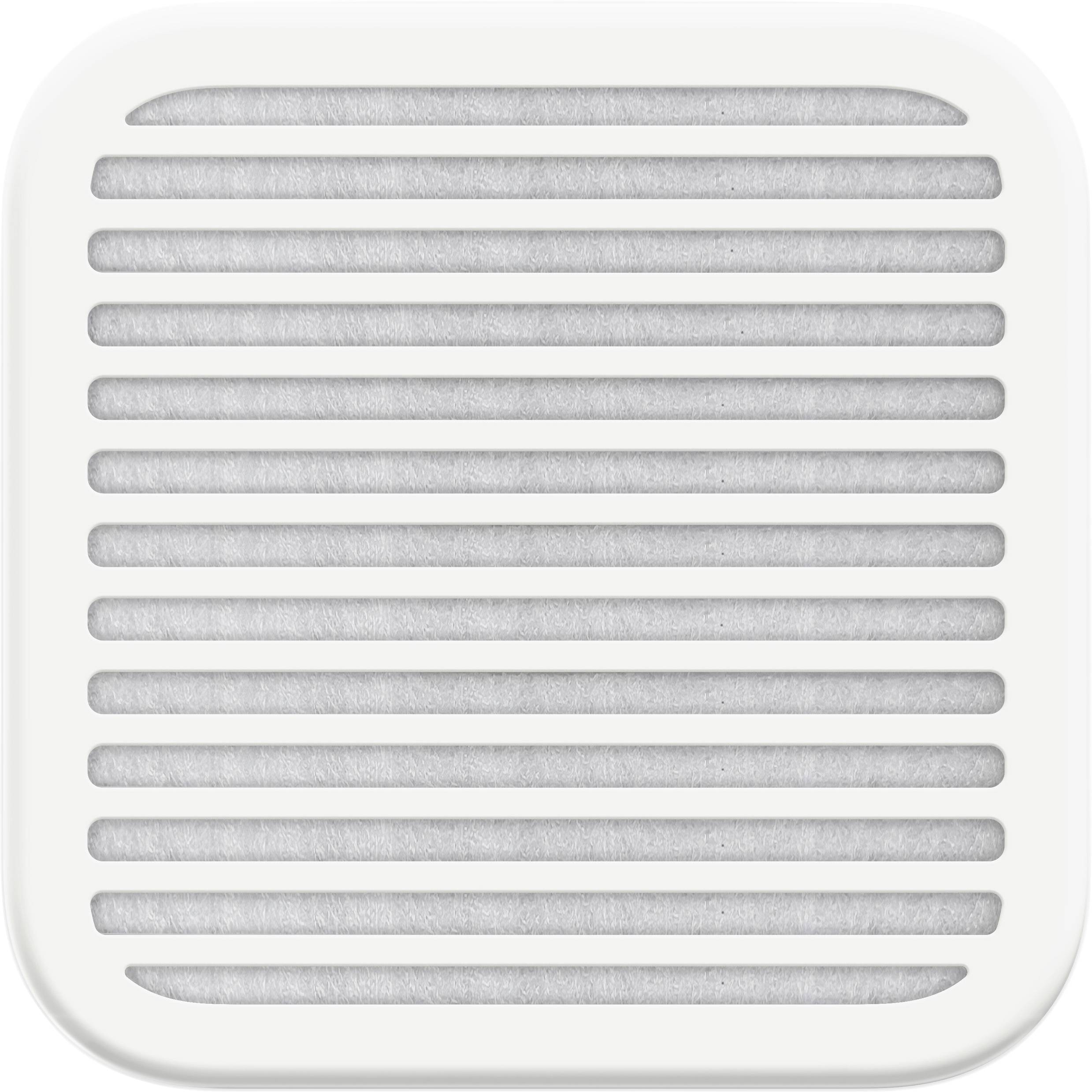 Ein rechteckiger, weißer Lüftungsschacht mit parallelen horizontalen Schlitzen, vermutlich für Belüftung oder Luftfilterung.