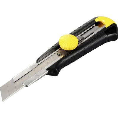 Ein schwarzes und gelbes Cuttermesser mit einem gelben Drehknopf und einer ausgezogenen silbernen Klinge, auf weißem Hintergrund.