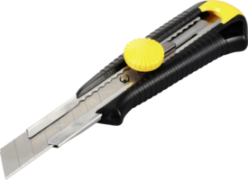 Cuttermesser mit schwarzem, geripptem Griff und gelben Akzenten. Das Werkzeug hat eine verstellbare Klinge.