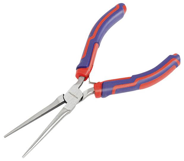 Lange, rote und blaue Zange mit schmalen Backen, häufig für präzise Greif- und Biegearbeiten verwendet.