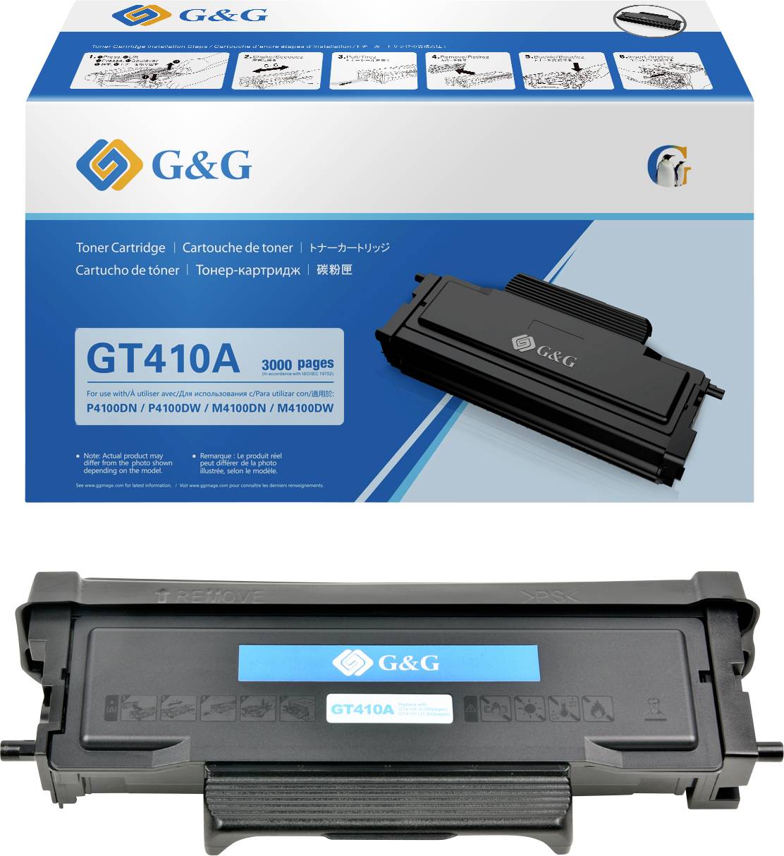 Toner-Verpackung von G&G mit der Aufschrift 'GT410A 3000 Seiten'. Enthält ein Bild der Tonerkartusche und mehrsprachige Produktinformationen.