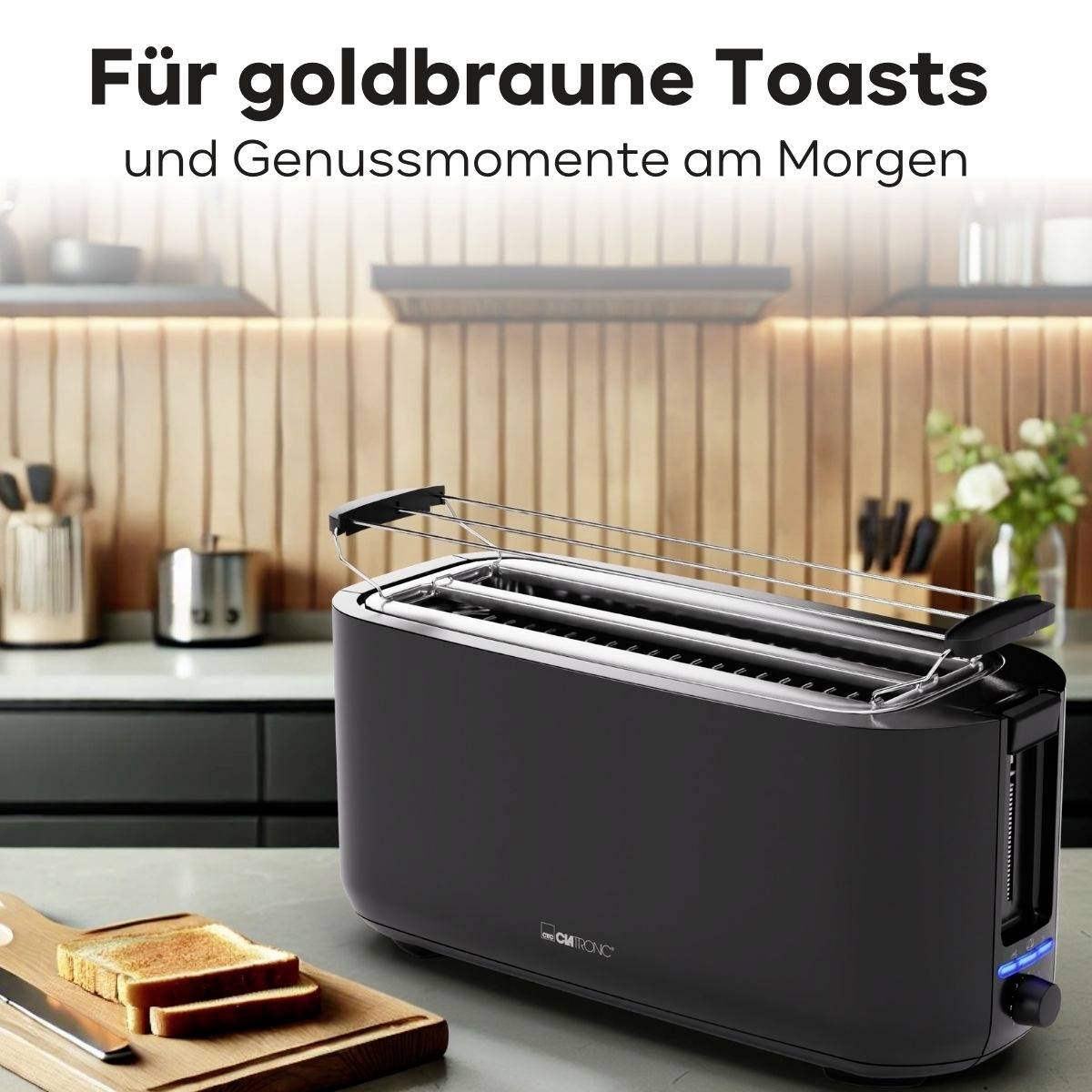 Toaster auf einer Küchentheke mit Scheiben goldbraunem Toast. Oben steht der Text 'Für goldbraune Toasts und Genussmomente am Morgen'.