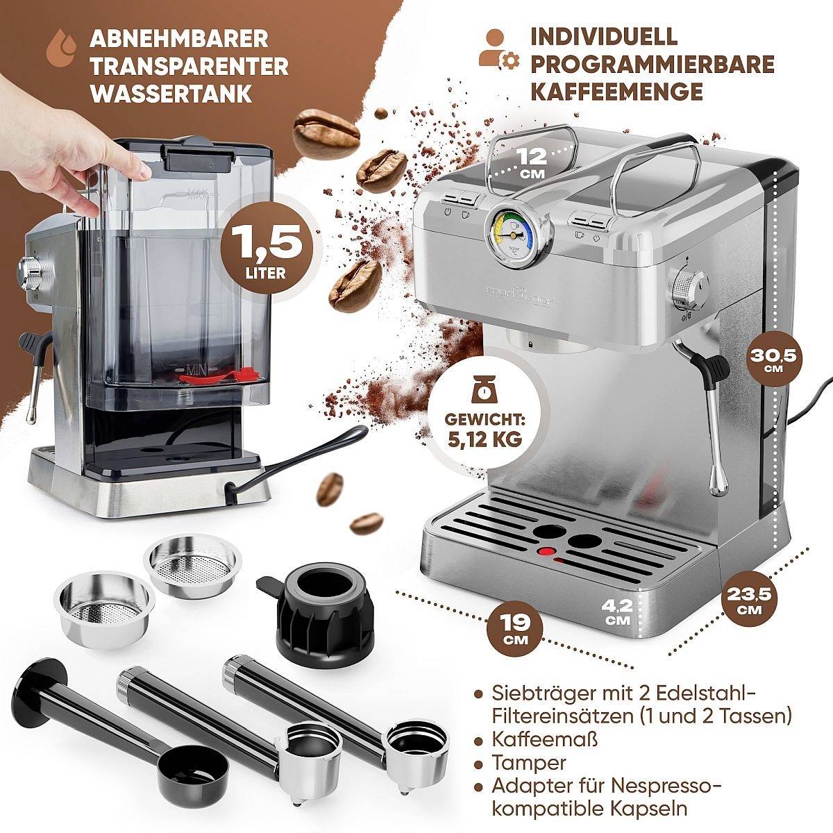 Espressomaschine mit großem Wassertank, 1,5 Liter, 5,12 kg. Zeigt Zubehör wie Siebträger und Kaffeemaß, sowie Kapselkompatibilität.