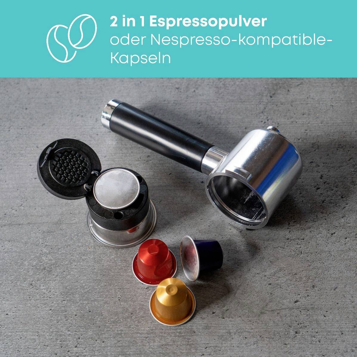 'Nespresso-kompatible Kapseln und Siebträger auf grauer Oberfläche. Text: 2 in 1 Espressopulver oder Nespresso-kompatible Kapseln.'