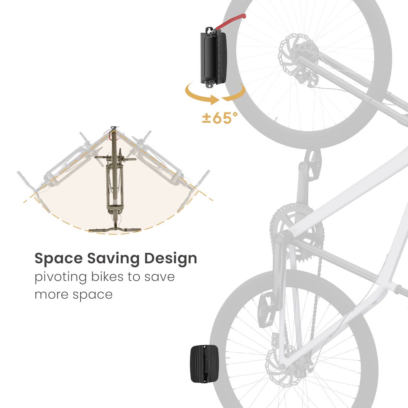 Fahrrad an einer Wandhalterung montiert und zur Seite schwenkbar, um Platz zu sparen. Schwenkbereich beträgt 65 Grad.