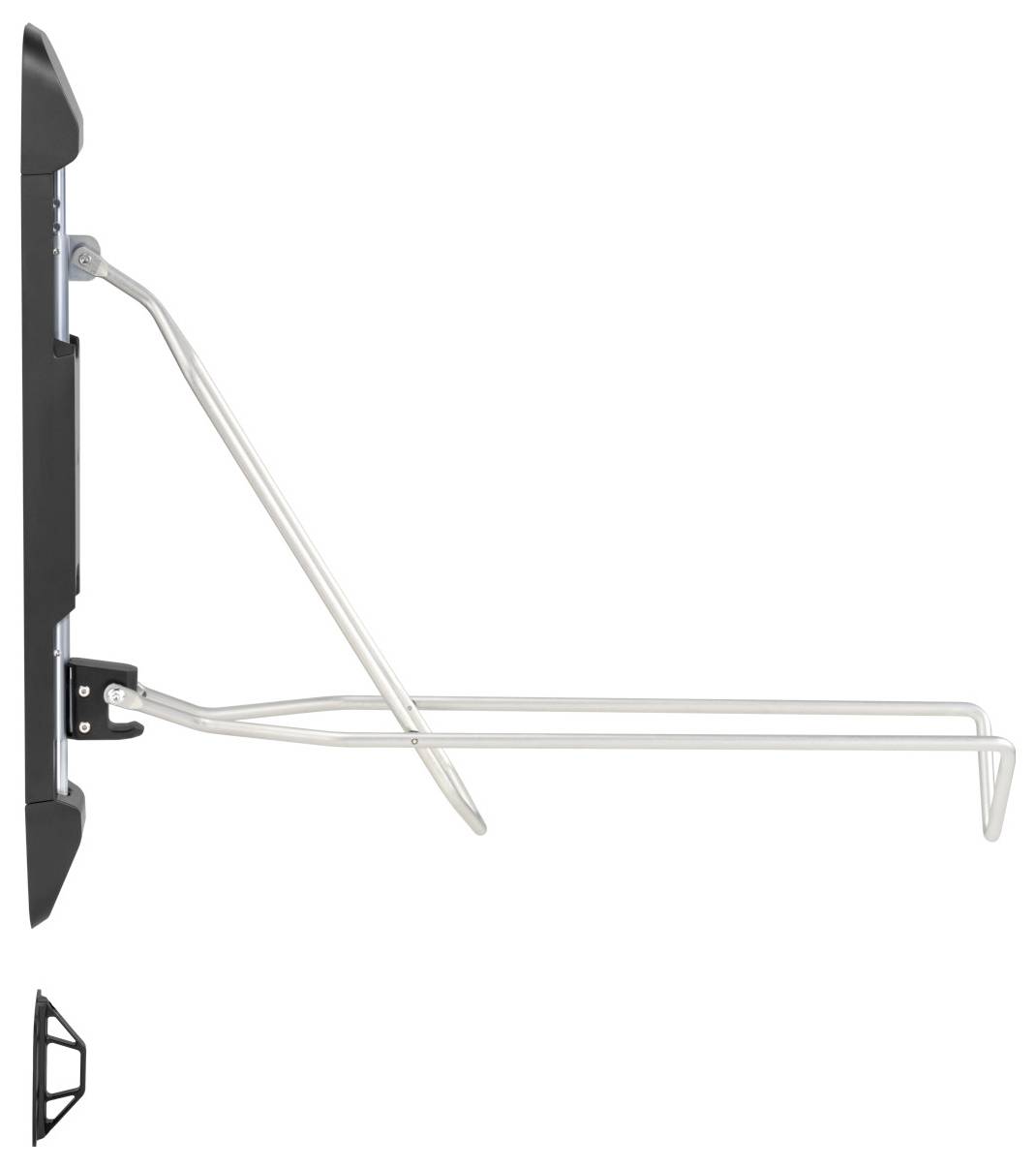 Fahrradträger montiert an einer Wand, silberne Metallarme zur Halterung. Ansicht von der Seite.