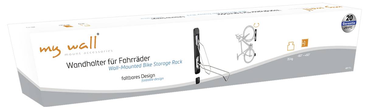 Verpackung eines Wandhalters für Fahrräder von 'my wall'. Enthält Symbole für "faltbares Design" und "20 kg Tragkraft".