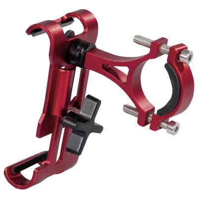 Ein roter Aluminium-Fahrradhalter mit Schraubbefestigung für den Lenker, geeignet zur sicheren Befestigung von Wasserflaschen.