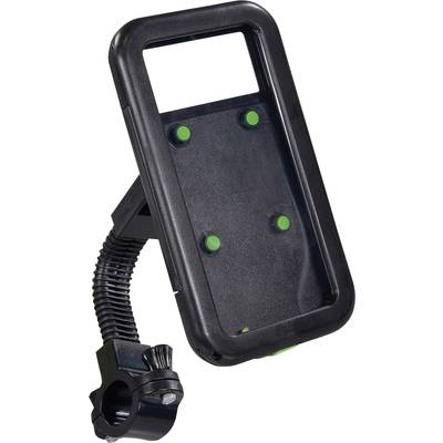 Schwarze Smartphone-Halterung mit flexiblem Schwanenhals und Lenkerbefestigung, geeignet für Fahrräder oder Motorräder.
