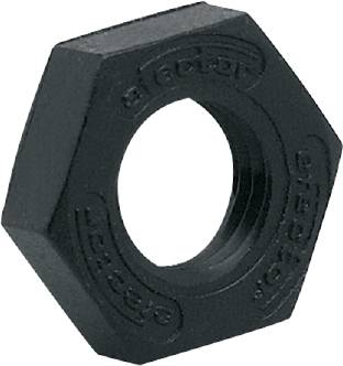 Sechskantmutter aus Metall, schwarz, mit Gewinde in der Mitte.