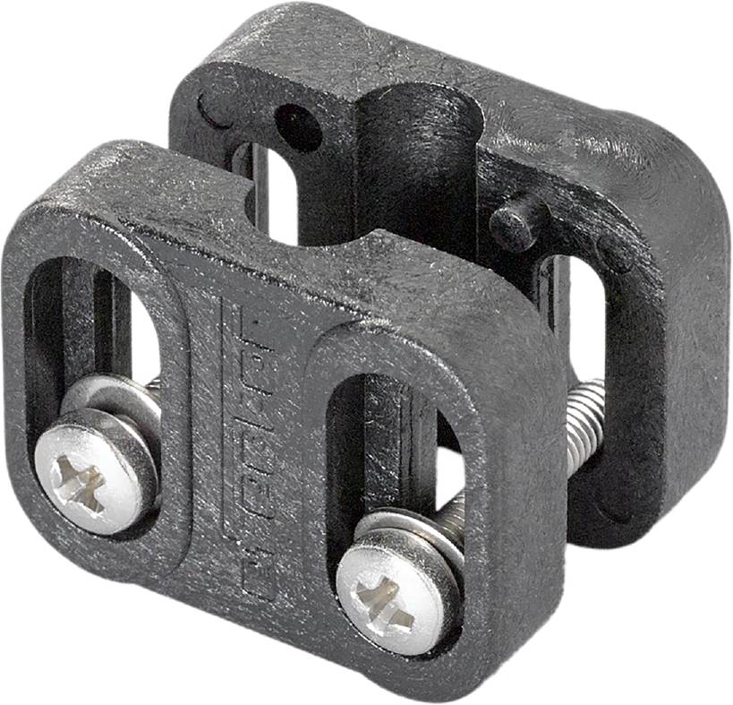 Ein schwarzer Kabelhalter aus Kunststoff mit zwei Metallschrauben, geeignet zur Fixierung von Kabeln oder Schläuchen an Wänden.