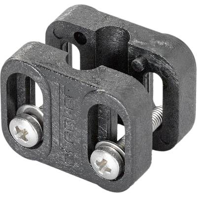 Ein schwarzer Kabelhalter aus Kunststoff mit zwei Metallschrauben, geeignet zur Fixierung von Kabeln oder Schläuchen an Wänden.
