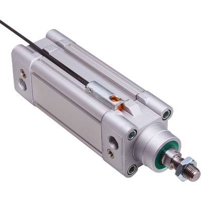 Silberner pneumatischer Zylinder mit schwarzem Sensor oben, platziert auf schwarzem Hintergrund.