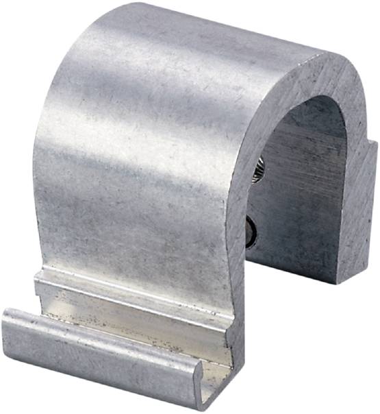 Metallischer Rohrhalter mit gebogenem Design, silberfarben, vor weißem Hintergrund. Geeignet zur Befestigung von Rohren oder Kabeln.