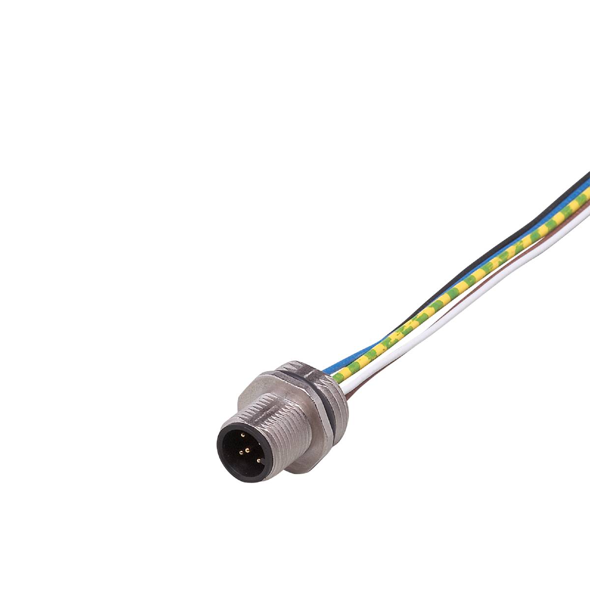 Ein elektrischer Steckverbinder mit Kabel, gelb-grün isoliert, vor einem schwarzen Hintergrund.