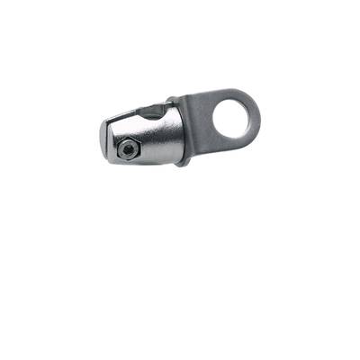 Ein silbernes Metallteil mit einer Schraube, das eine Öse aufweist, möglicherweise für mechanische oder industrielle Anwendungen.