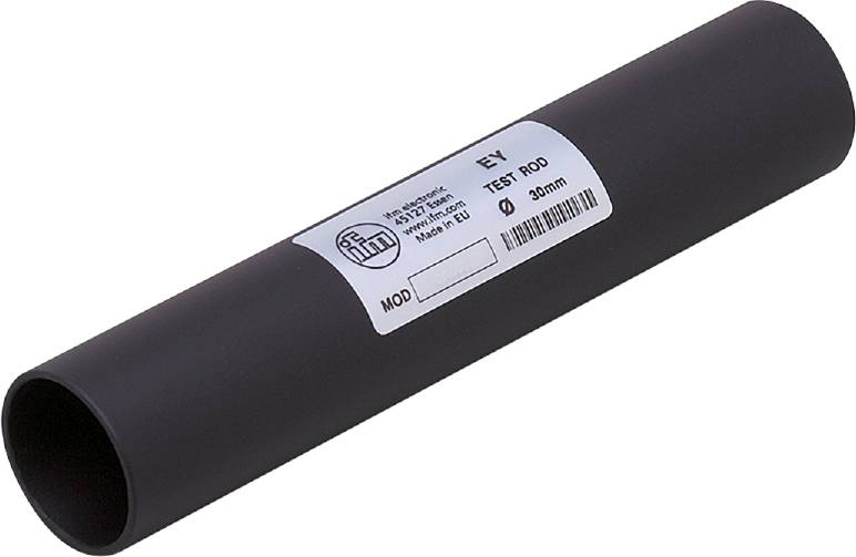 Schwarzes Rohr mit weißem Etikett 'TEST ROD', Durchmesser 30 mm, Hergestellt in der EU.