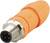 Ein orangefarbener, gerader M12-Steckverbinder mit vier Pins für industrielle Anwendungen.