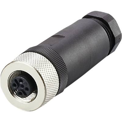 Ein schwarzer, runder Stecker mit vier Pins und einem silbernen Gewinde. Geeignet für elektronische Verbindungen.