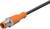 Ein orangefarbenes Sensorkabel mit einem metallischen Steckerende, verwendet für industrielle Anwendungen, auf weißem Hintergrund.