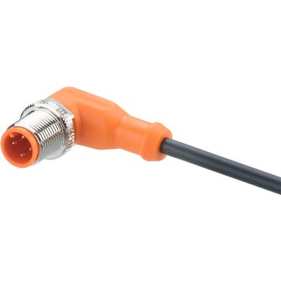 Ein orangefarbenes Kabel mit schwarzem Anschluss, möglicherweise ein Verlängerungskabel, Nahaufnahme von einem Ende des Steckers.