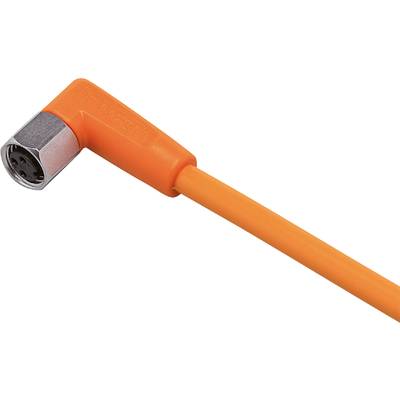 Nahaufnahme eines orangefarbenen, abgewinkelten Elektrosteckers mit Kabel.