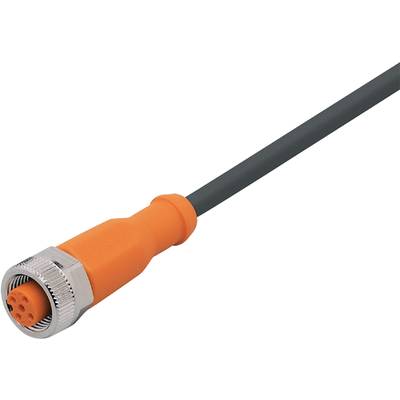Ein oranges Sensorkabel für industrielle Anwendungen, verbunden mit einem silbernen Stecker, auf einem weißen Hintergrund.