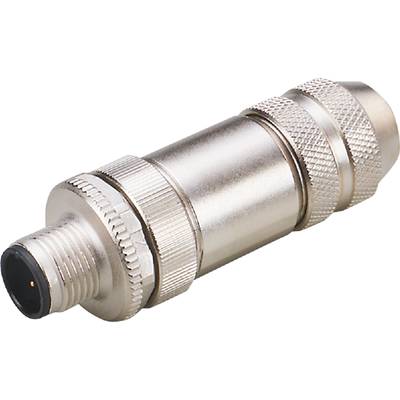 Ein silberner Metallstecker mit geriffelter Oberfläche und Gewinde. Geeignet für elektronische Verbindungen, robust und langlebig.