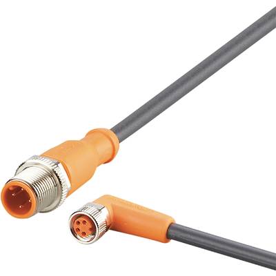 Ein orangefarbenes, zylindrisches Kabel mit zwei Steckverbindern, einem runden männlichen und einem weiblichen Anschluss.