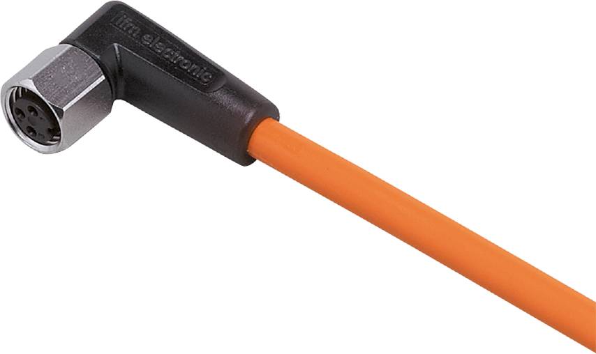Ein orangefarbenes Kabel mit einem schwarzen Stecker, das für elektronische Verbindungen verwendet wird.