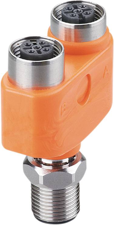 Ein orangefarbenes, metallisches Bauteil mit zwei Öffnungen. Oben eine zylindrische Öffnung, unten eine Basis mit Anschlussmöglichkeiten.