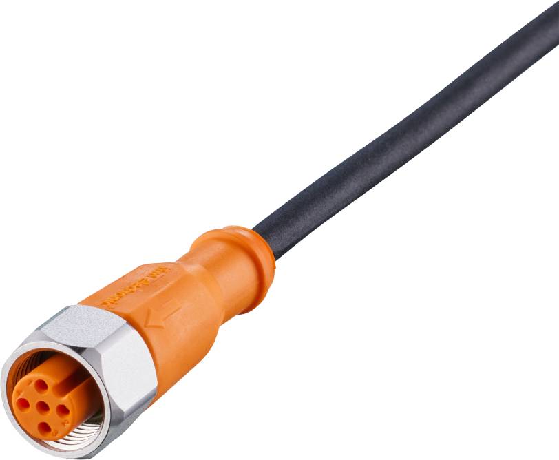 Ein orangefarbenes Kabel mit einem Metallstecker, geeignet für industrielle Anwendungen.