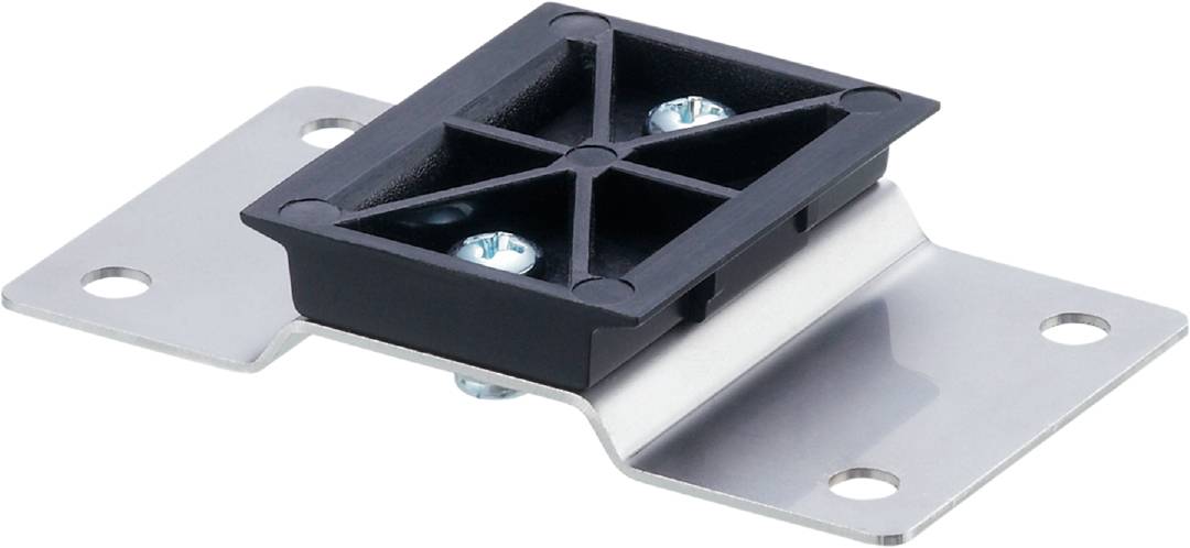 Ein rechteckiges, schwarzes Bauteil mit vier Schraubenlöchern und zwei sichtbaren Schrauben auf einer Metallhalterung montiert.
