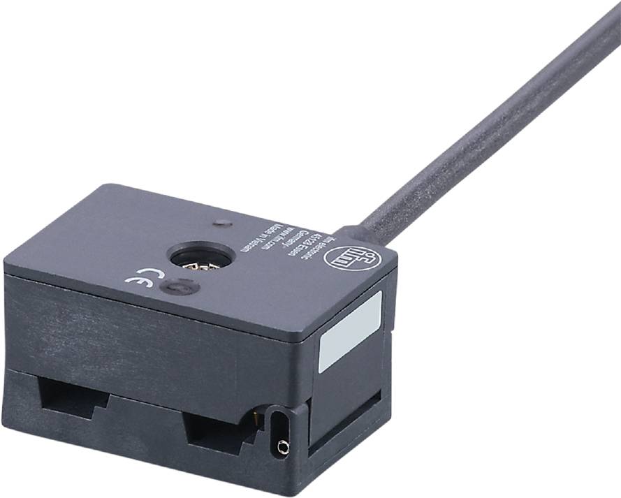 Schwarzer elektrischer Sensor mit Firmenlogo und Kabel, geeignet für industrielle Anwendungen oder automatisierte Systeme.