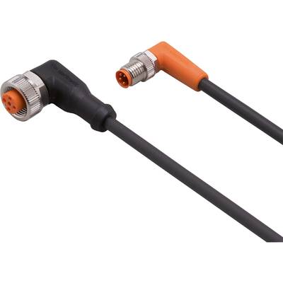 Ein Winkelstecker mit orangefarbenem Gehäuse und Kabel, verbunden mit einem schwarzen Stecker. Geeignet für industrielle Anwendungen.
