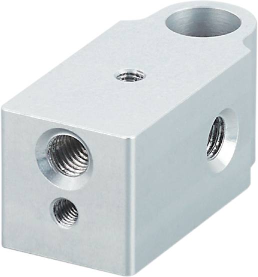 Silberner, rechteckiger Metallblock mit mehreren Gewindebohrungen, wahrscheinlich ein Teil einer mechanischen Vorrichtung.