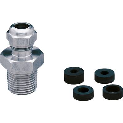 Metallverbindung mit Gewinde und drei schwarzen Dichtungsringen auf weißem Hintergrund.