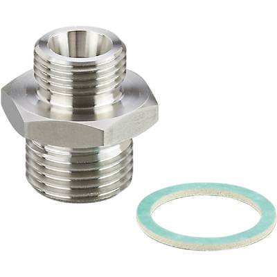 Metallischer Anschluss mit Gewinde links und kreisförmigem Dichtungsring rechts; für mechanische Verbindungen verwendet.