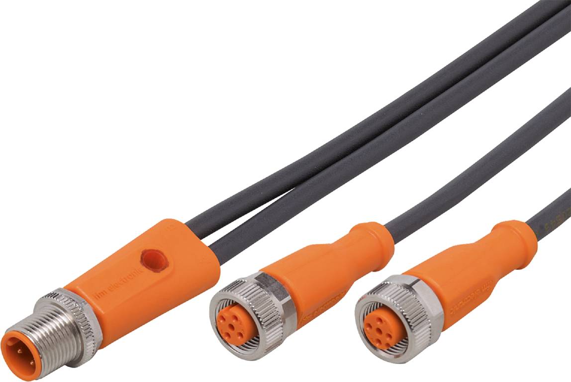 Drei orange-graue elektrische Steckverbinder mit Kabeln auf weißem Hintergrund.