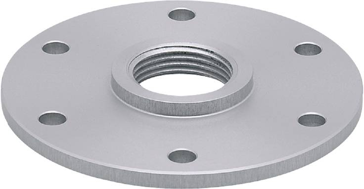 Eine graue Metallflanschplatte mit einem zentralen Gewinde und drei Bohrlöchern zur Befestigung.
