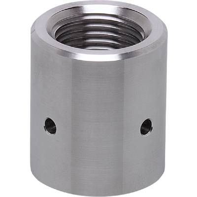 Ein silbernes Metallteil, zylindrisch, mit horizontalen Gewinden im Inneren und zwei Löchern an den Seiten, wahrscheinlich Teil eines Rohrsystems.
