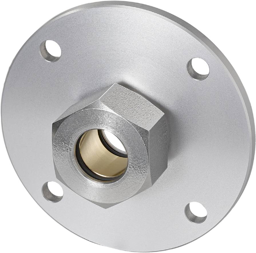 Silbernes rundes Metallteil mit zentralem Loch, umgeben von vier symmetrischen Befestigungslöchern. Verwendet für Konstruktionen.