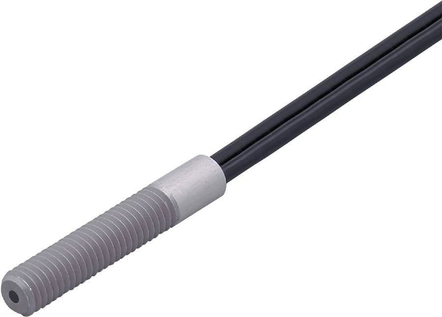 Metallsensor mit gerilltem Gehäuse und zwei schwarzen Kabeln.