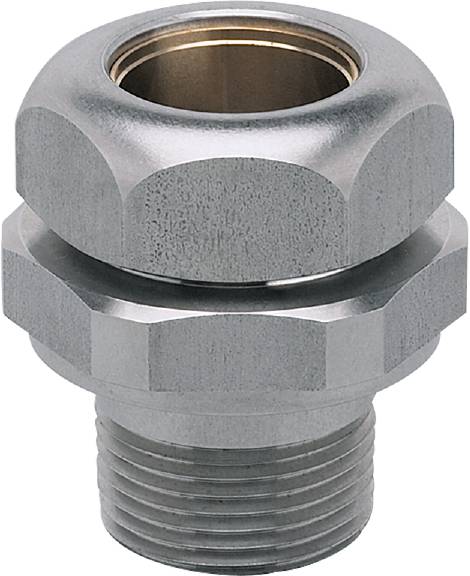 Metallische Kabelverschraubung mit Sechskantmutter, glänzende Oberfläche, zylindrischer Gewindekörper, geeignet für industrielle Anwendungen.