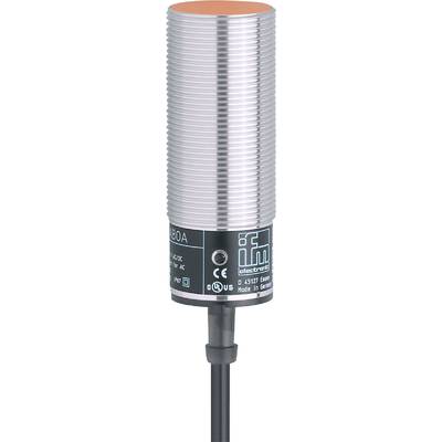 Ein zylindrischer Sensor mit der Aufschrift 'IFM electronic'. Am unteren Rand sind Teile einer Modellnummer und ein Logo sichtbar.
