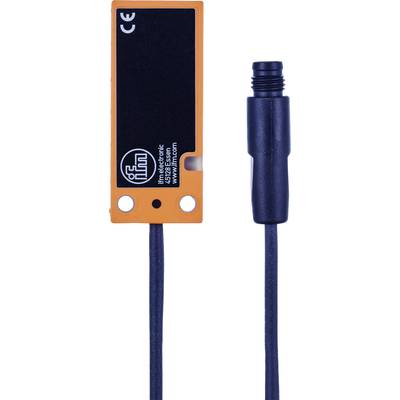 Ein rechteckiger, orangefarbener Sensor mit der Aufschrift 'ifm electronic, 45128 Essen' und Website auf der Vorderseite, Kabelanschluss unten.